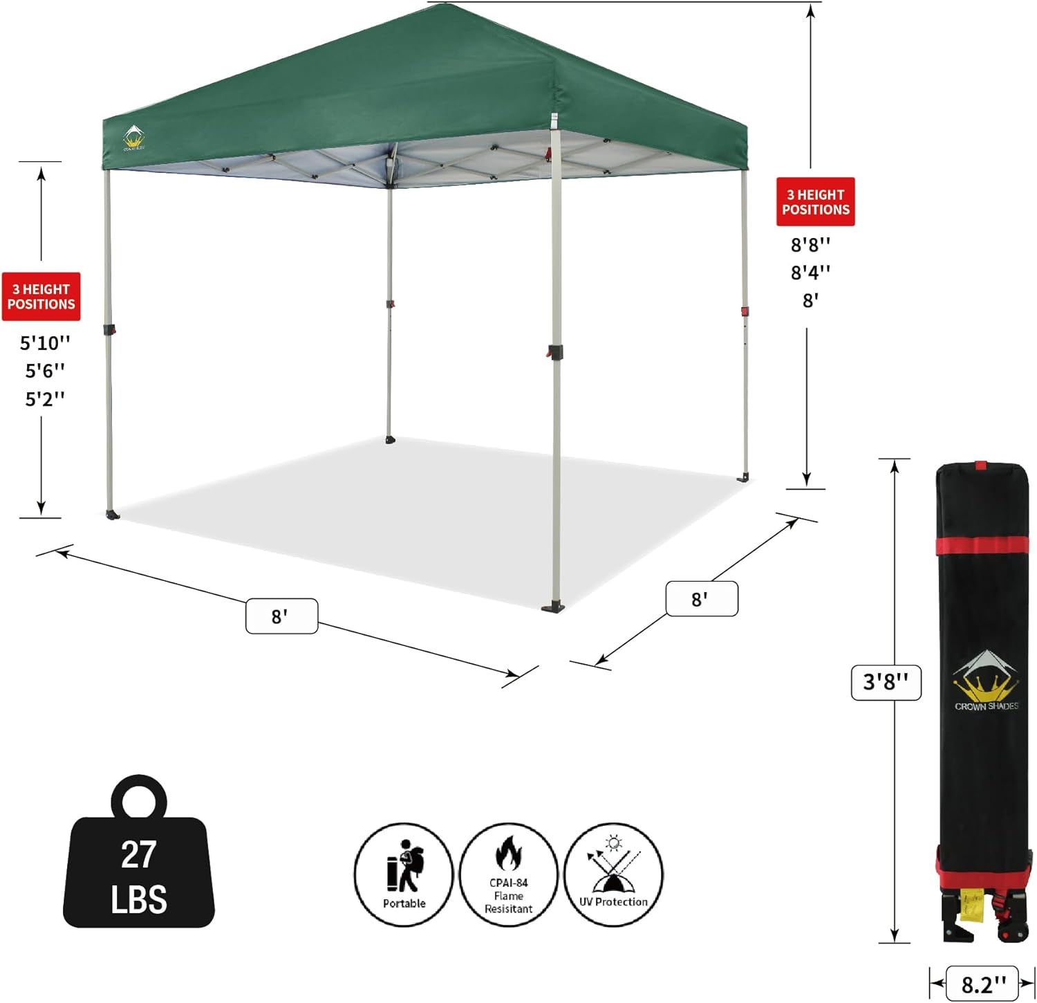 CROWN SHADES - Toldo desplegable de 3.60 x 3.60 metros, toldo patentado de un empuje con bolsa de transporte con ruedas, 8 estacas y 4 cuerdas, negro