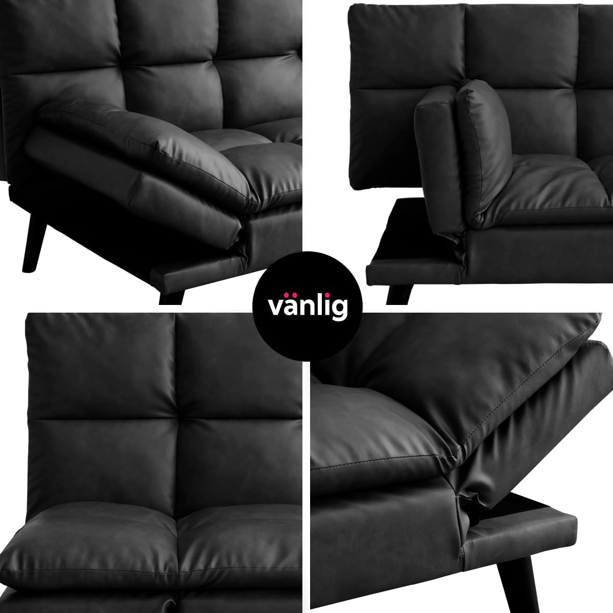 VANLIG | Sofá Cama Moderno de Vinipiel | Acolchado Futón Munich | Multiusos Ajustable | para Espacios Pequeños | Alta Calidad Resistente y Duradero | Color Café