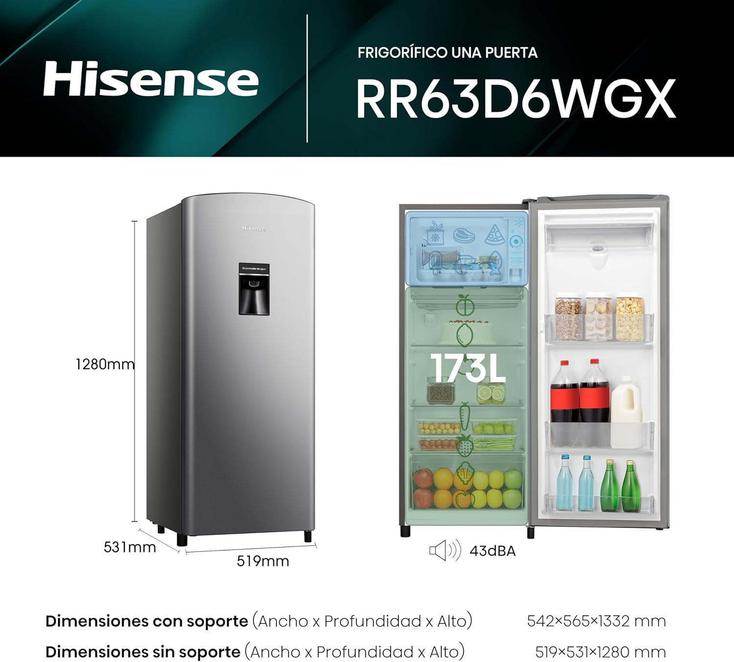 Hisense RR63D6WGX-Refrigerador Una Puerta, 6.3 pies cúbicos con Dispensador de Agua,Deshielo Semiautomático,Sello de Puerta Antibacteriano,52x54x128cm(AnchoxLargoxAlto),Gris