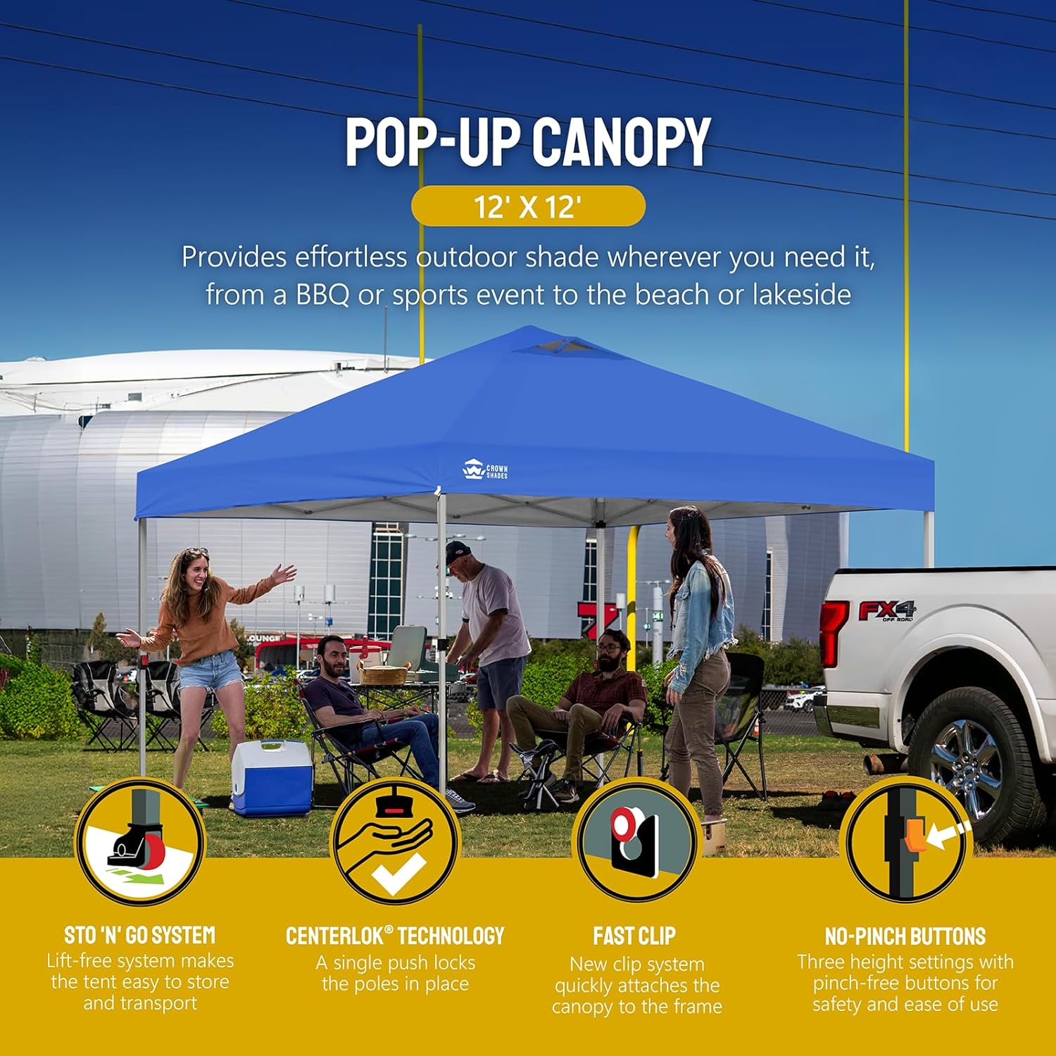 CROWN SHADES - Toldo desplegable de 3.60 x 3.60 metros, toldo patentado de un empuje con bolsa de transporte con ruedas, 8 estacas y 4 cuerdas, negro