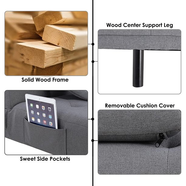 Homfa Sofá cama futón convertible, sofá cama plegable de 66.3 pulgadas con reposabrazos extraíbles y 2 portavasos para sala de estar, acabado gris-almohada