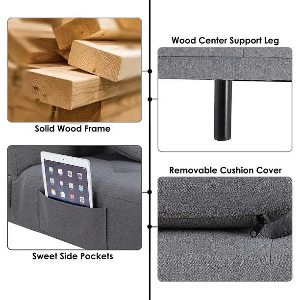 Homfa Sofá cama futón convertible, sofá cama plegable de 66.3 pulgadas con reposabrazos extraíbles y 2 portavasos para sala de estar, acabado gris-almohada
