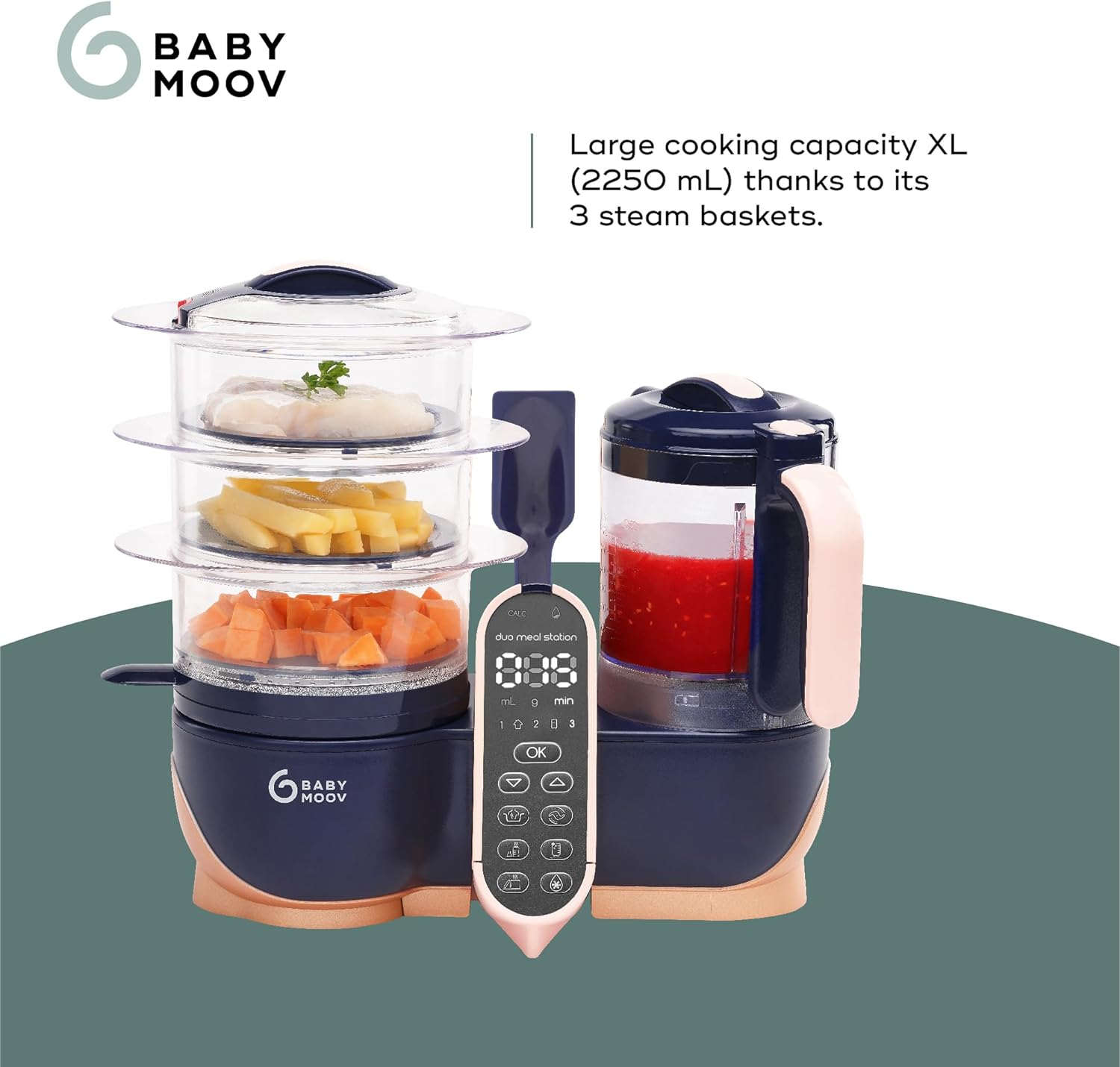 Babymoov Duo Meal 6 en 1: Procesador de Alimentos para Bebés con Vaporizador y Licuadora de Velocidades Múltiples, Calienta y Descongela (Aprobado por Nutricionistas), Gris