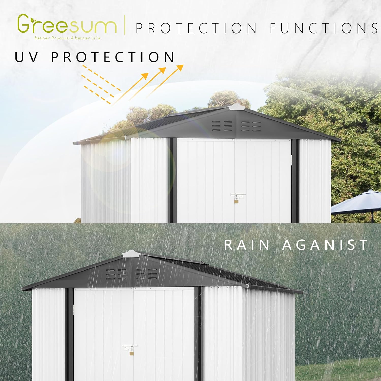 Greesum - Cobertizo de almacenamiento de metal para exteriores, 5 pies x 3 pies, herramienta de acero para cobertizo de almacenamiento con puerta y cerradura, para patio trasero, jardín, patio, césped (5 x 3 pulgadas), color café