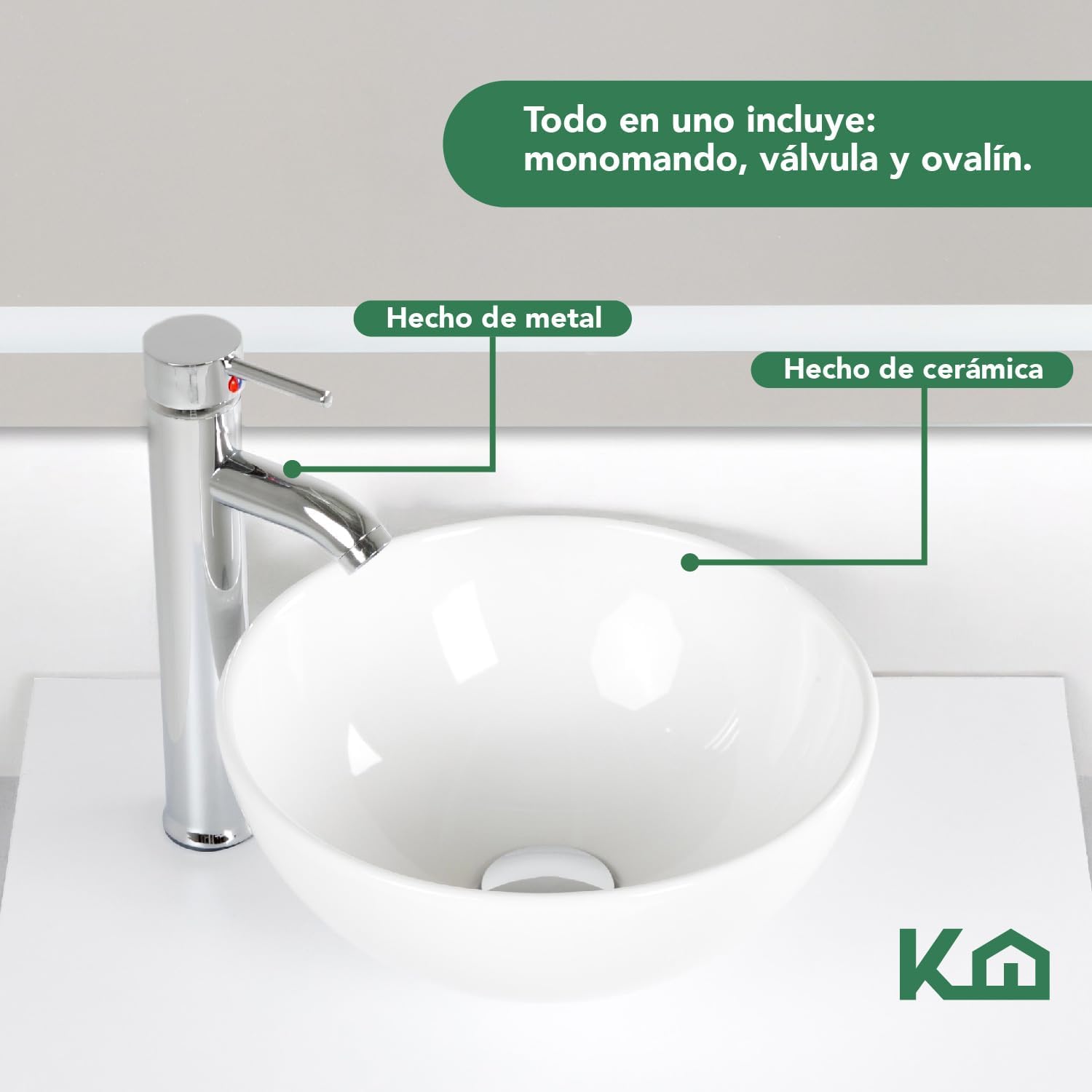 Kingshouse | Gabinete para Baño con Ovalín y Monomando – Mueble de Baño Lavamanos con 2 Cajones – Lavabo – Gabiente Organizador - Color Gris Mate – Fibra de Madera MDF – Lavamanos De Cerámica