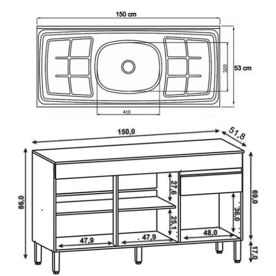 Mueble Mostrador 3 Puertas con Fregadero 150cm Lina K02 Supremo - Mpozenato