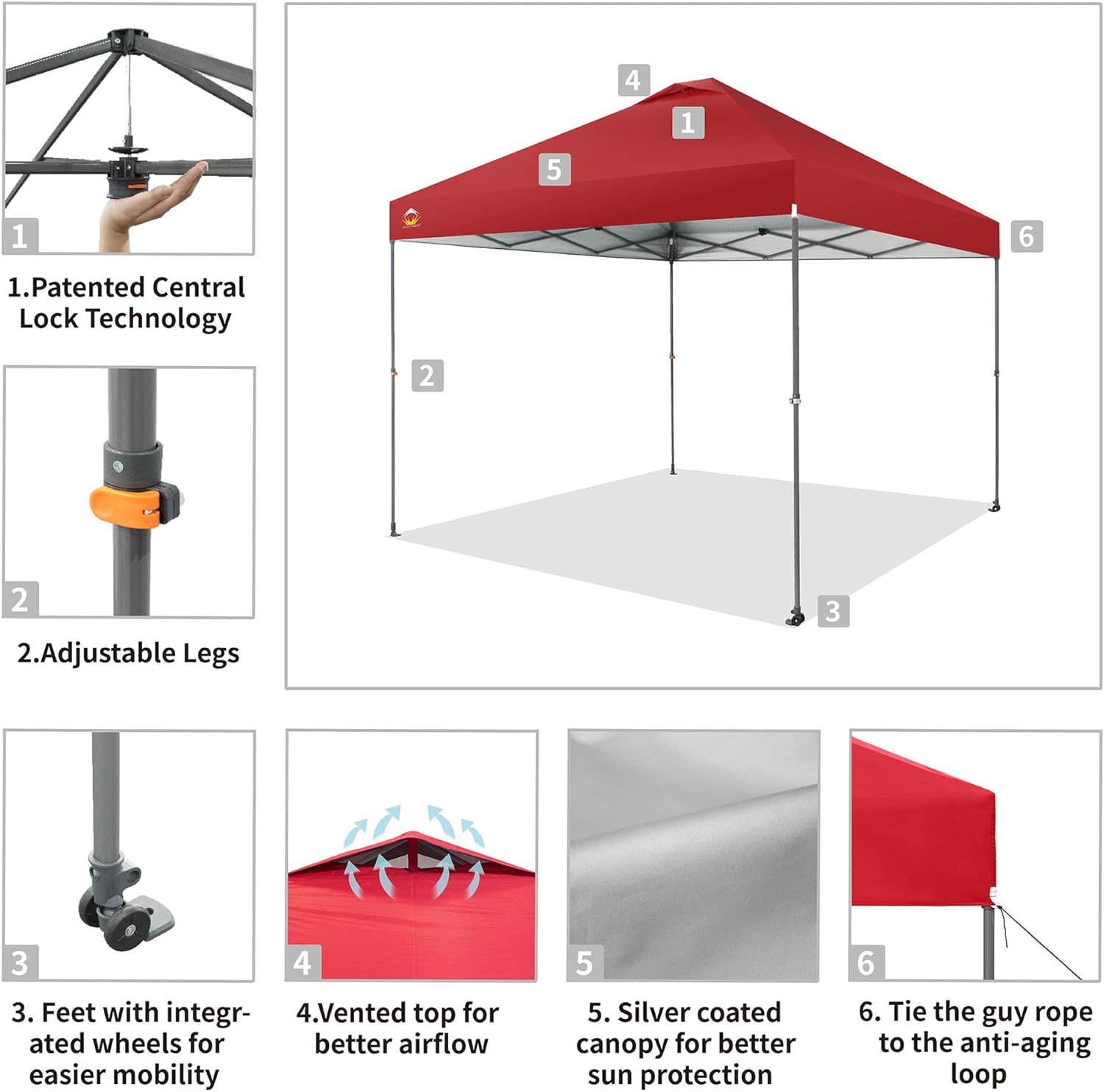 CROWN SHADES - Toldo desplegable de 3.60 x 3.60 metros, toldo patentado de un empuje con bolsa de transporte con ruedas, 8 estacas y 4 cuerdas, negro