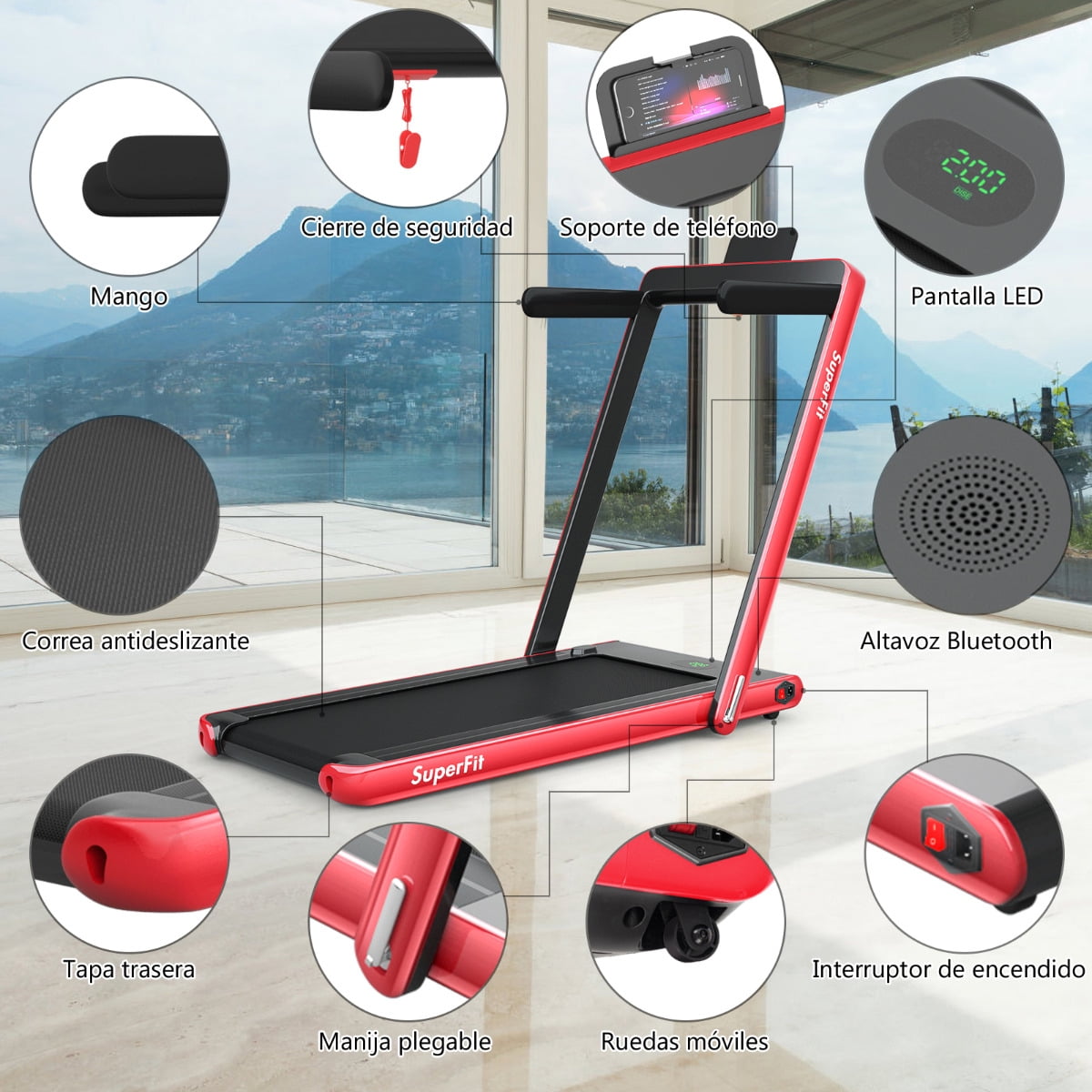 Costway Caminadora Plegable 2 en 1 Eléctrica Portátil 2,25 HP 12 Km/h con Altavoz Bluetooth Mando Pantalla LED App Control para Casa Rojo Costway Modern