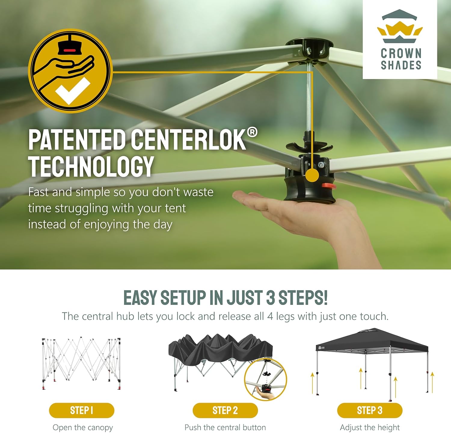 CROWN SHADES - Toldo desplegable de 3.60 x 3.60 metros, toldo patentado de un empuje con bolsa de transporte con ruedas, 8 estacas y 4 cuerdas, negro