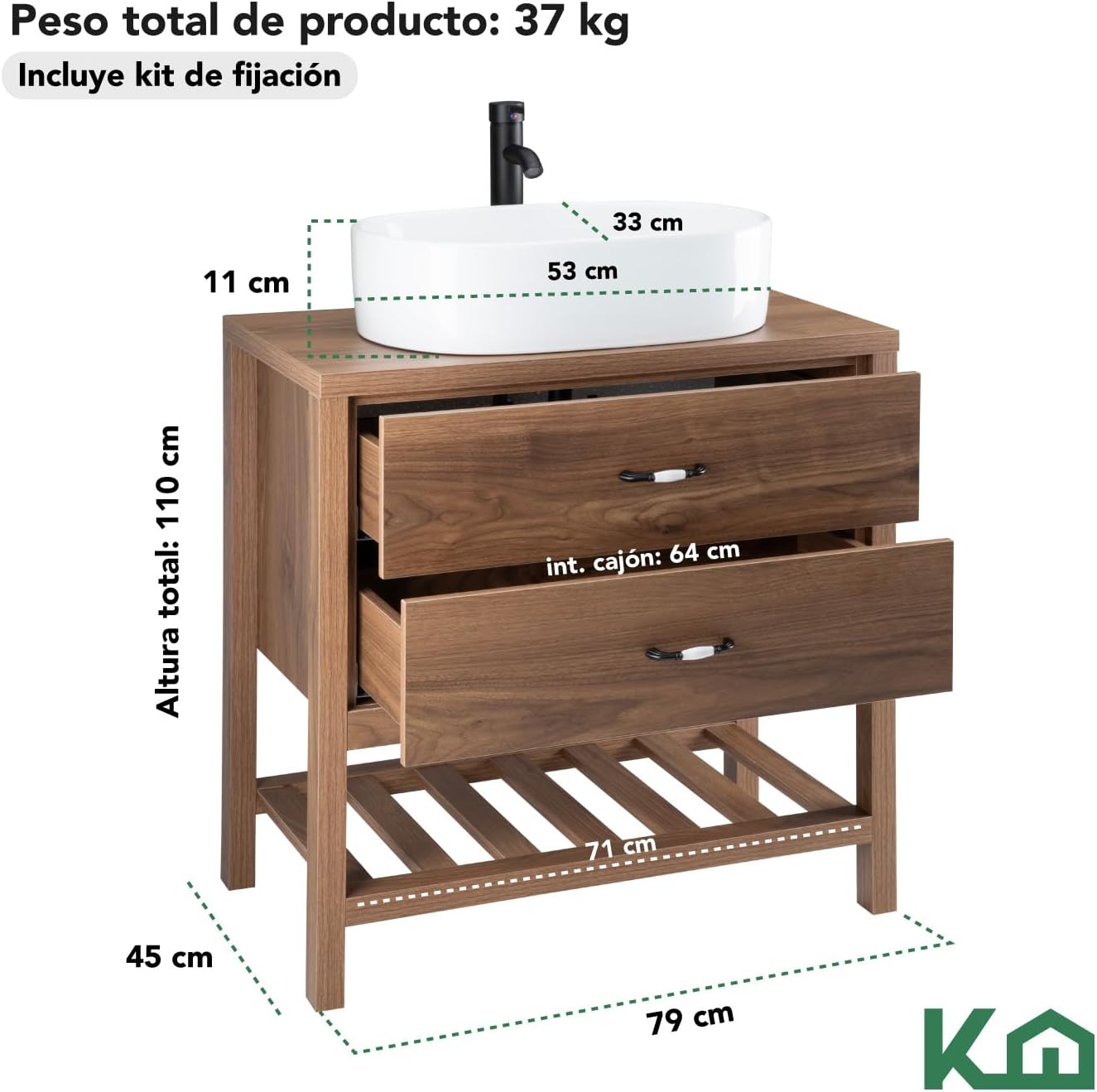 Kingshouse | Gabinete para Baño con Ovalín y Monomando – Mueble de Baño Lavamanos con 2 Cajones – Lavabo – Gabiente Organizador - Color Gris Mate – Fibra de Madera MDF – Lavamanos De Cerámica