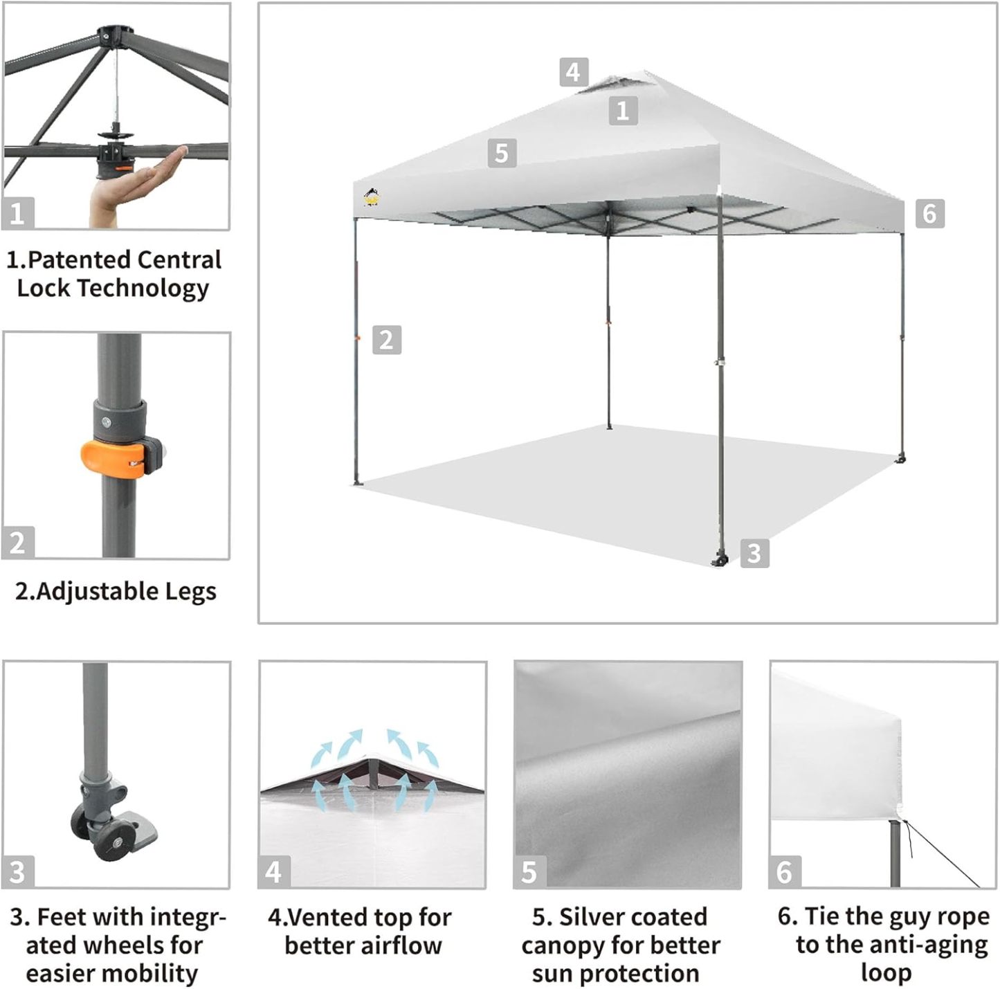 CROWN SHADES - Toldo desplegable de 3.60 x 3.60 metros, toldo patentado de un empuje con bolsa de transporte con ruedas, 8 estacas y 4 cuerdas, negro