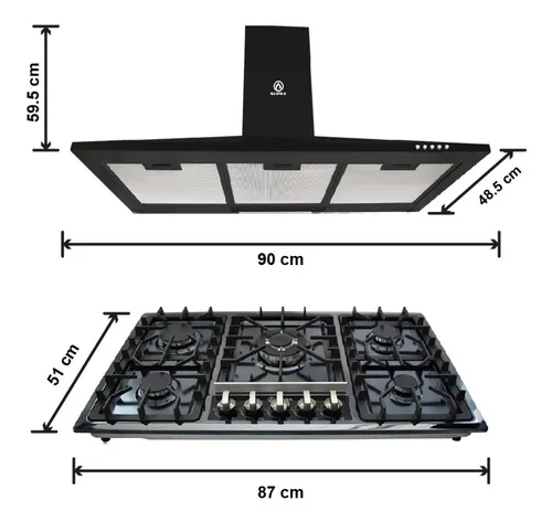 Combo Supra Parrilla A Gas 5 Quemadores Y Campana Pared 90cm