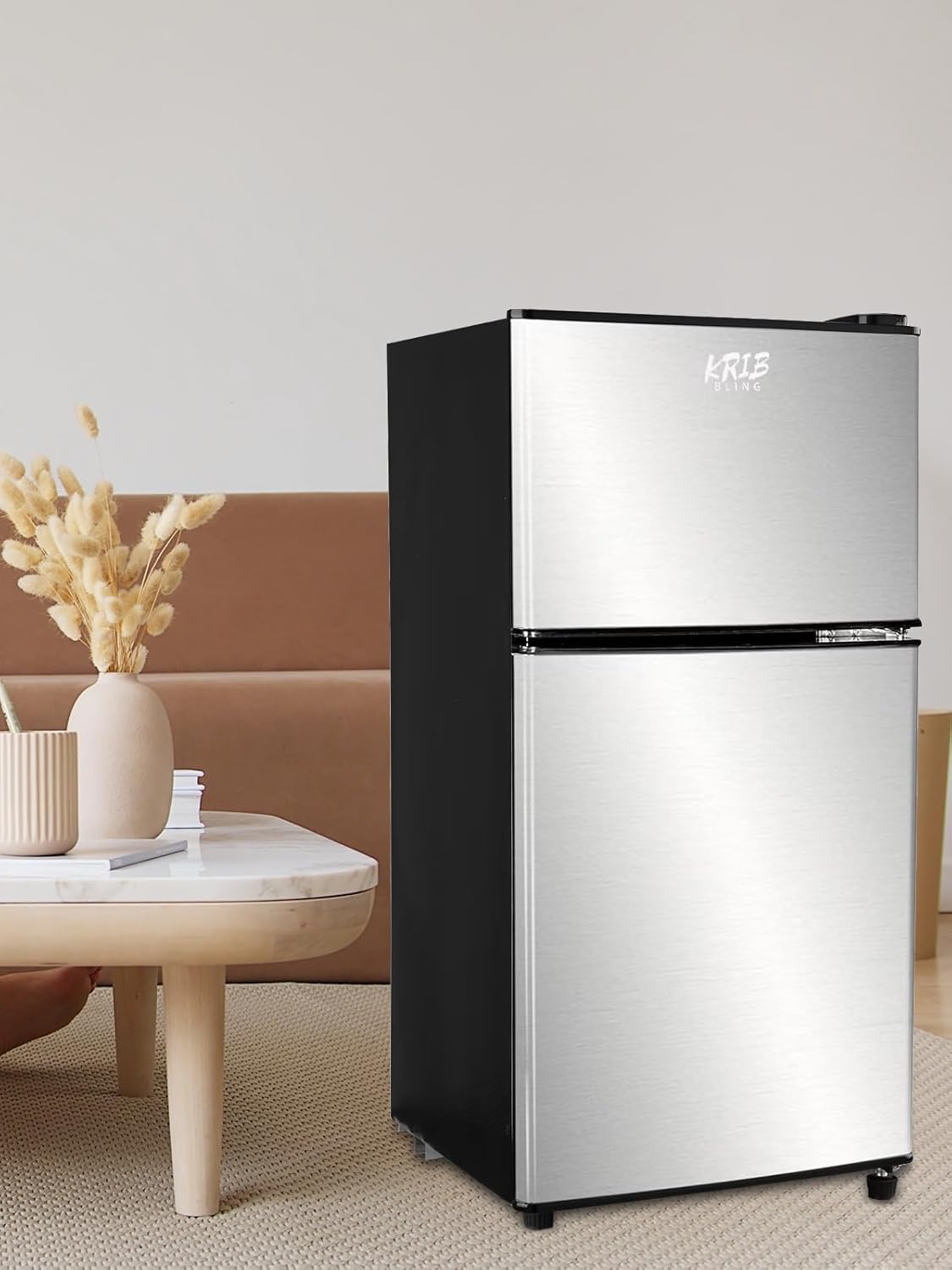 Mini nevera de 3.5 pies cúbicos, refrigerador pequeño, termostato ajustable de 7 niveles, estantes extraíbles con acero inoxidable, 2 puertas para oficina, recámara, departamento, plata,