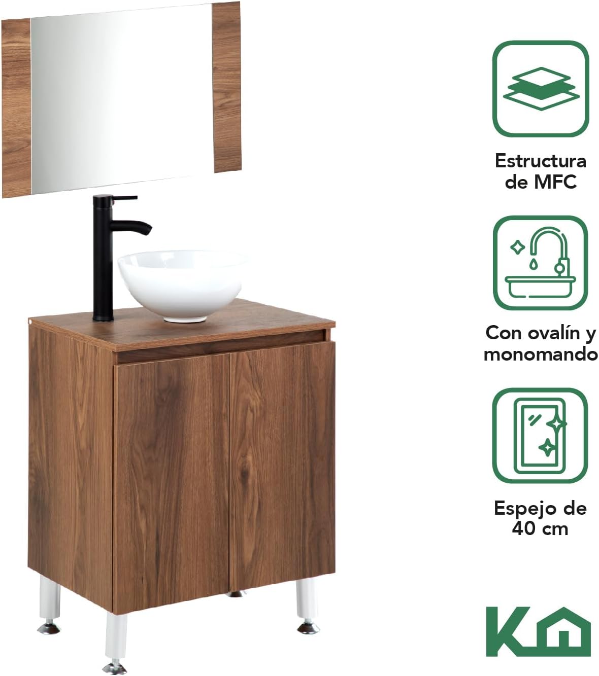 Kingshouse | Gabinete para Baño con Ovalín y Monomando – Mueble de Baño Lavamanos con 2 Cajones – Lavabo – Gabiente Organizador - Color Gris Mate – Fibra de Madera MDF – Lavamanos De Cerámica