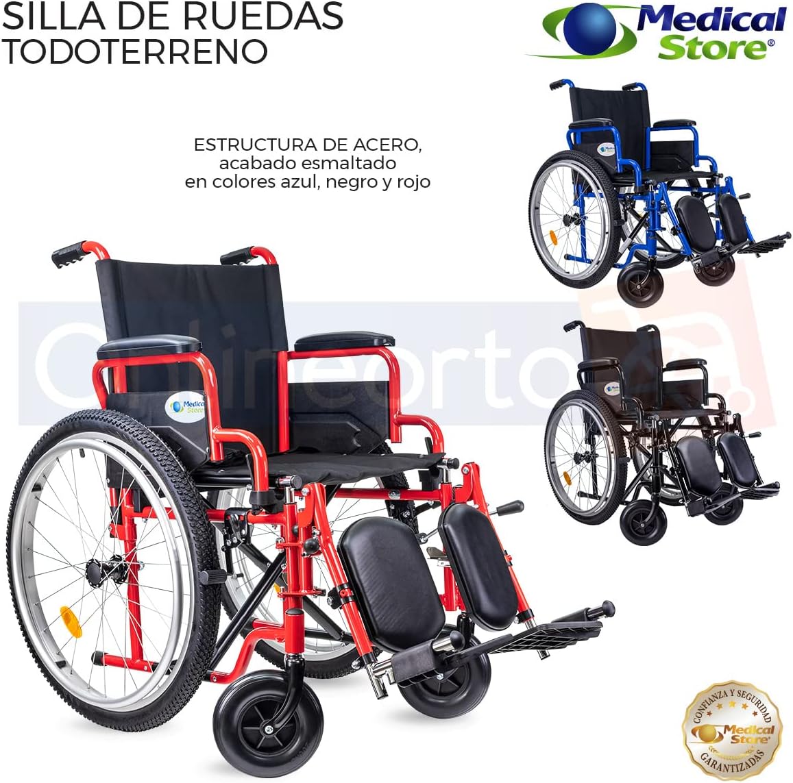 Medical Store Silla de Ruedas TODO TERRENO de Lujo, Modelo 101, Acero Resistente, Con Eleva piernas Desmontables y Descansabrazos Abatibles Color Rojo.…