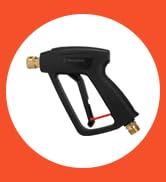Pistola corta para lavadora a presión Westinghouse sobre un fondo rojo/naranja.