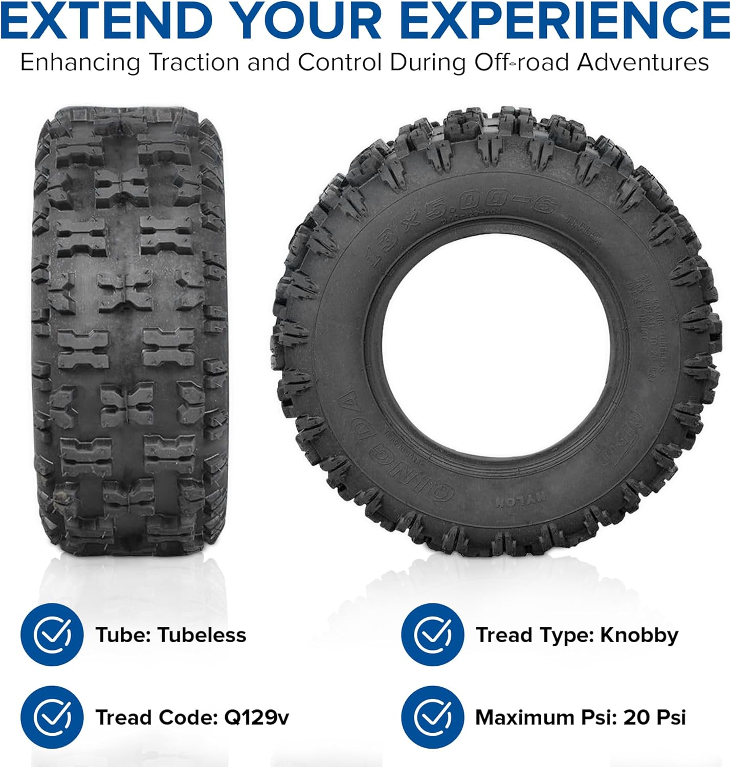 AlveyTech - Neumático de 13 x 5.00-6 con banda de rodadura Knobby Q129 para ATV, Go-Kart y Dune Buggy (juego de 4) - Neumáticos sin cámara de repuesto para quad, 4 ruedas y mini bicicletas como