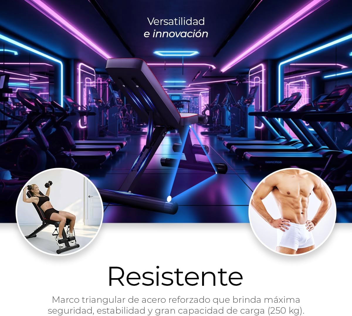 Raganet, Banco Fitness Multiposiscion, Banco de Addominales con 2 Ligas Incluidas, Asiento de Pesas Ajustable en 7 Posiciones, Soporta Hasta 250Kg, Negro