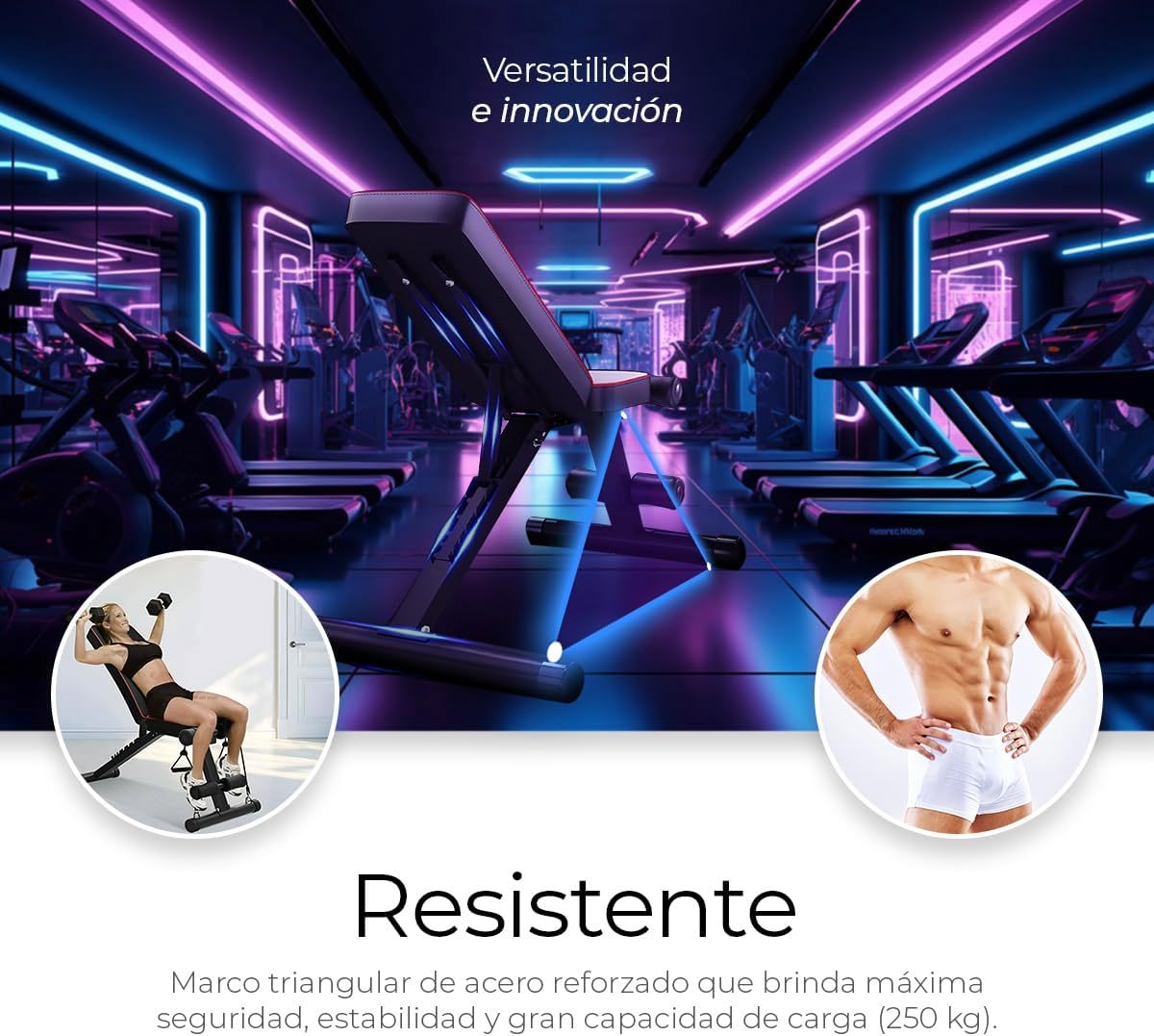Raganet, Banco Fitness Multiposiscion, Banco de Addominales con 2 Ligas Incluidas, Asiento de Pesas Ajustable en 7 Posiciones, Soporta Hasta 250Kg, Negro