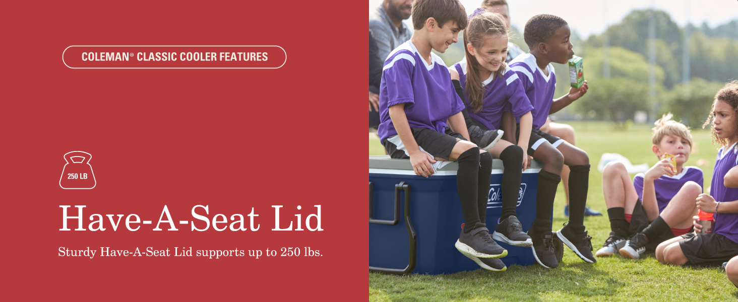 Coleman Classic Cooler Features tiene una tapa de asiento para ni&ntilde;os y adultos 250 resistente campamento de bebidas de aperitivos de f&uacute;tbol