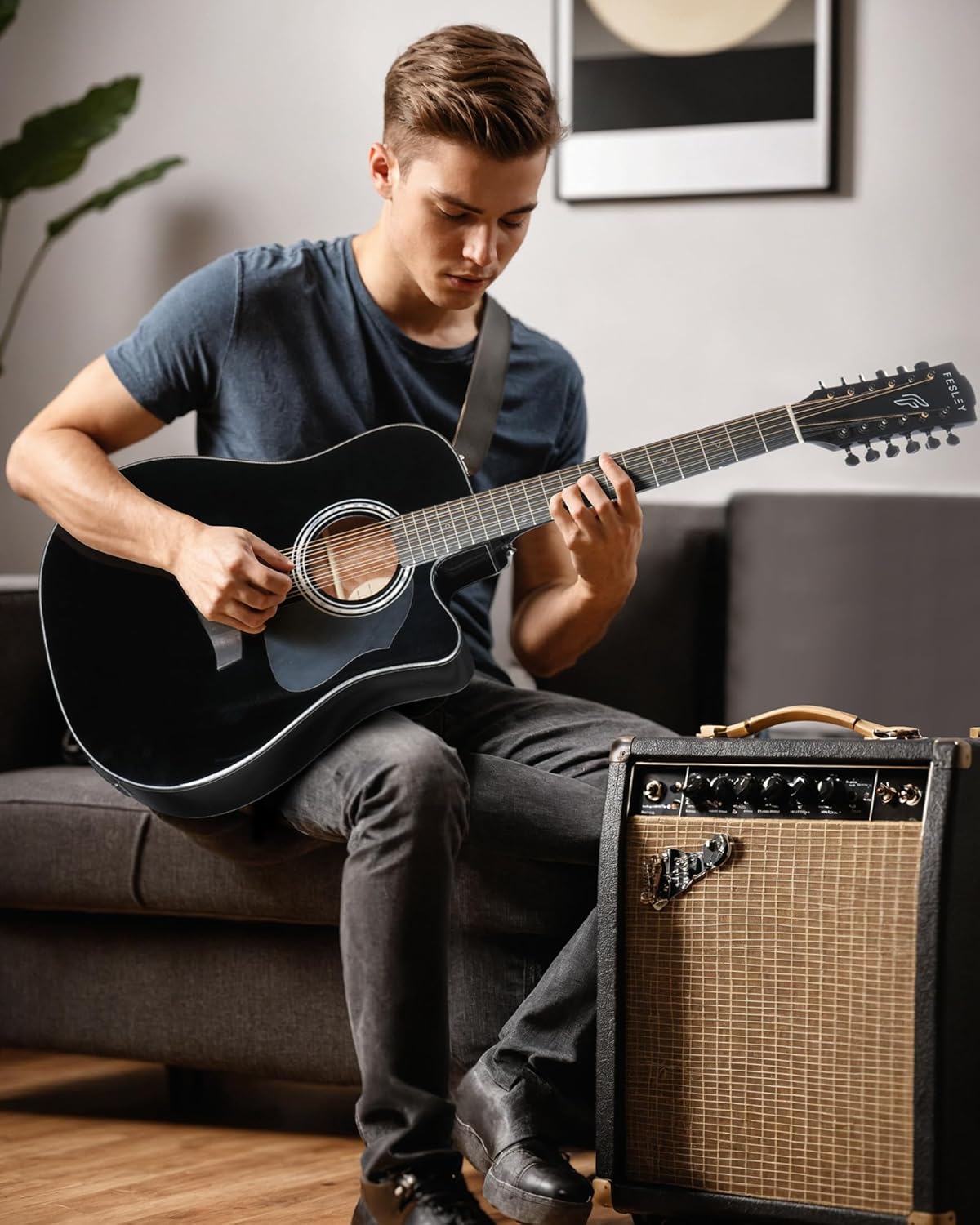 Fesley Guitarra de 12 cuerdas, guitarras eléctricas acústicas de tamaño completo para adultos, guitarra de abeto superior acústica, paquete de guitarra recortada con bolsa de concierto, púas, cuerdas, correa, natural