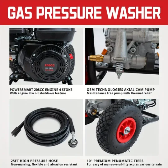 Hidrolavadora a Gas PowerSmart, 3200 PSI 2.5 GPM Bomba de leva axial, Tanque de jabón a bordo de 208 cc, 5 boquillas QC Manguera de 25 pies, Pistola pulverizadora y varilla para limpiar autos/casas