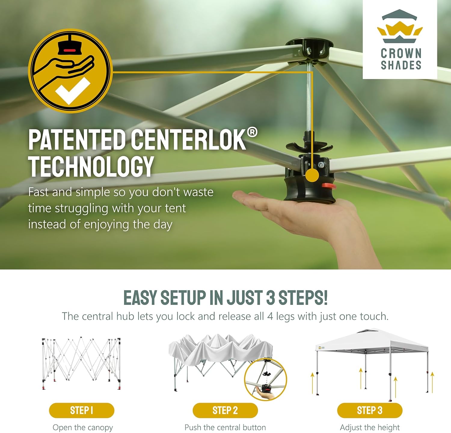 CROWN SHADES - Toldo desplegable de 3.60 x 3.60 metros, toldo patentado de un empuje con bolsa de transporte con ruedas, 8 estacas y 4 cuerdas, negro