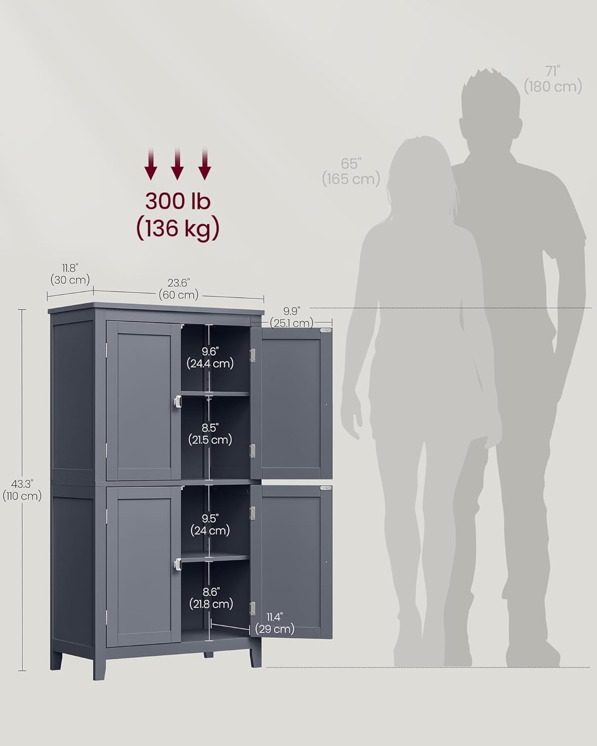 VASAGLE Mueble de Baño, Armario de Baño, Armario de Cocina, con 2 Puertas y 2 Cajones, Estantes Ajustables, 30 x 60 x 110 cm, Gris Paloma MBBC551G02