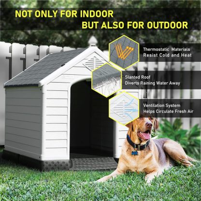 LEMBERI Casa de plástico duradera e impermeable para perros de tamaño pequeño a grande, casa de perro aislada para interiores y exteriores, refugio para cachorros con suelo elevado, fácil de montar, diseño de ventilación para perros
