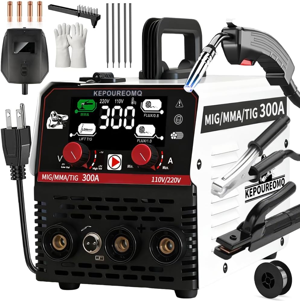 KEPOUREOMQ Soldadora Inversora Portátil de 315A, 3 en 1 Soldadora Inverter de MIG/MMA/TIG, Máquina de Soldar sin Gas, con Voltage Dual 110/220V, 60% Ciclo de Trabajo, Inversor IGBT, LED Pantalla, IP21