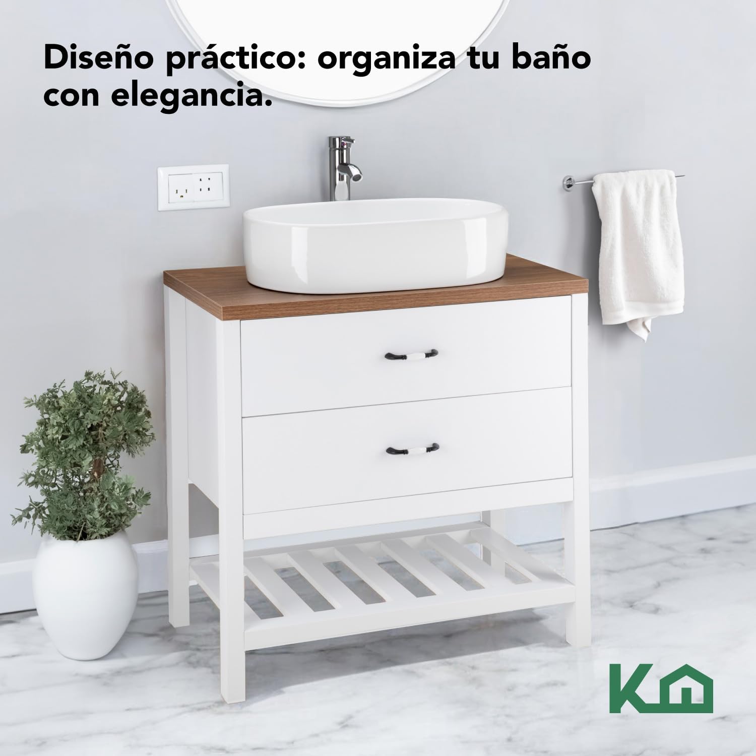 Kingshouse | Gabinete para Baño con Ovalín y Monomando – Mueble de Baño Lavamanos con 2 Cajones – Lavabo – Gabiente Organizador - Color Gris Mate – Fibra de Madera MDF – Lavamanos De Cerámica