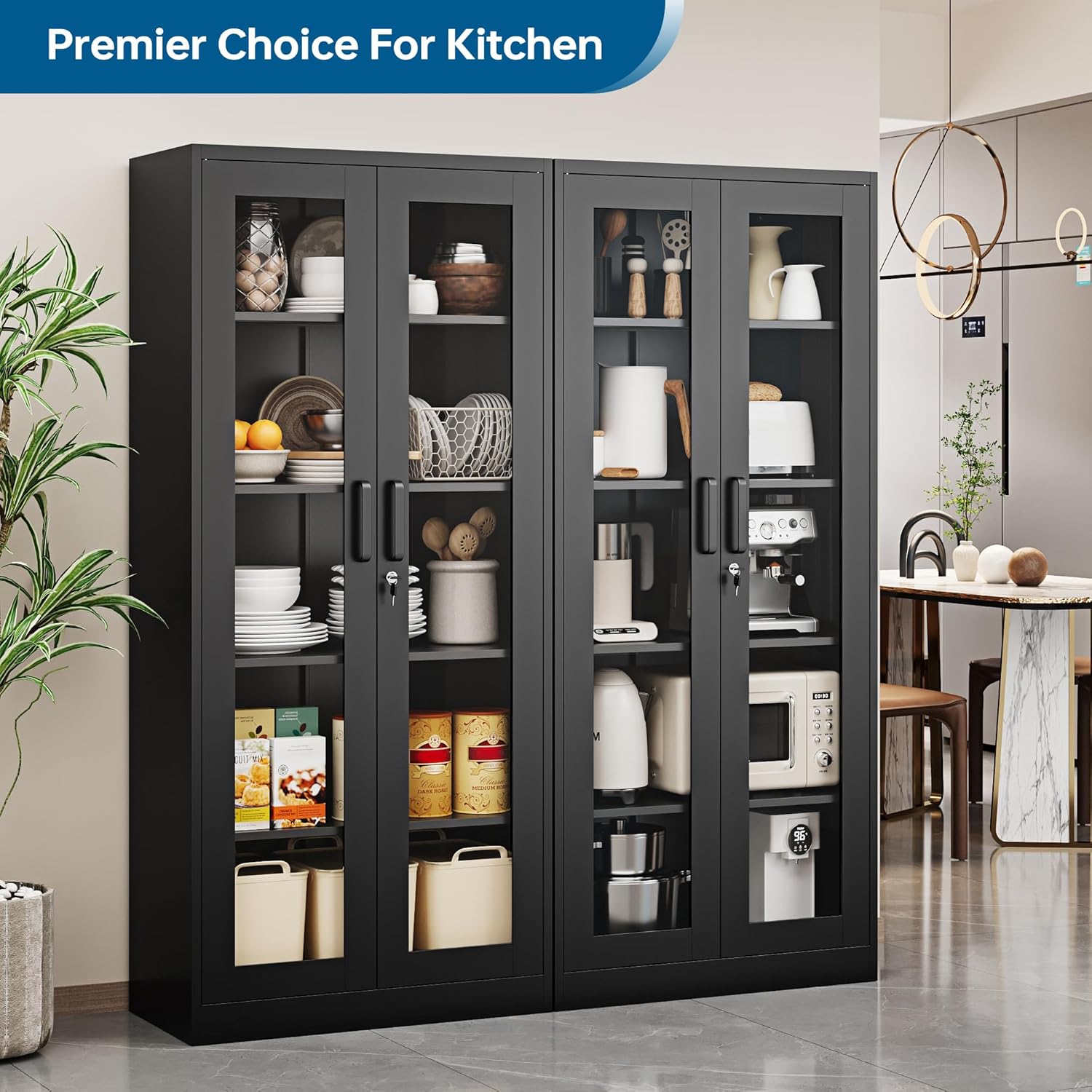 PEUKC - Vitrina con puertas de vidrio, vitrinas con 4 estantes ajustables y cerradura para el hogar, la oficina, la clínica, la despensa, requiere ensamblaje, negro, color madera