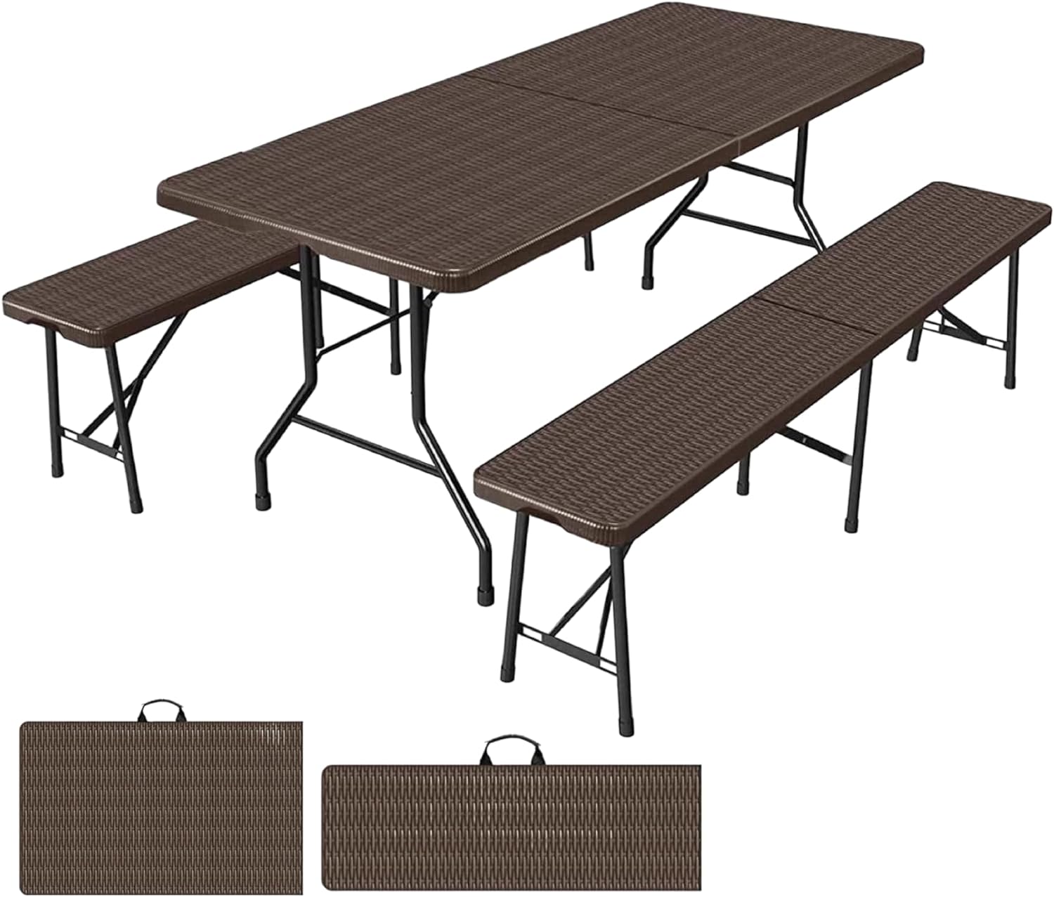BREEZEE Mesa y 2 Bancas Plegables Tipo Rattan, Portátil, Resistente Mesa De Plástico, 180 x 74 x 76 cm, para Interiores y Exteriores, Jardín, Hogar, Camping, Aire Libre, Estilo de Vida