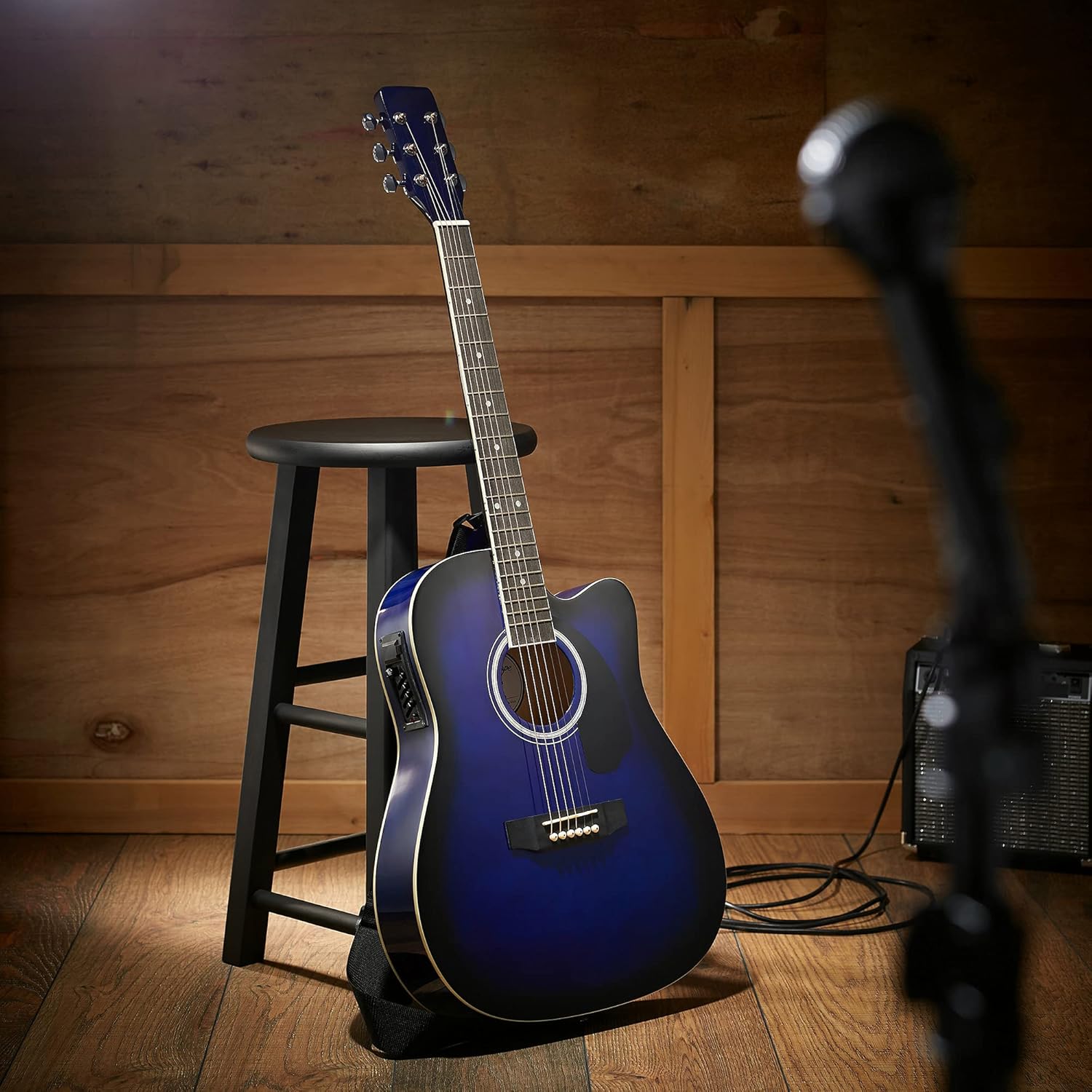 Ashthorpe - Paquete de guitarra acústica-eléctrica de tamaño completo, Negro