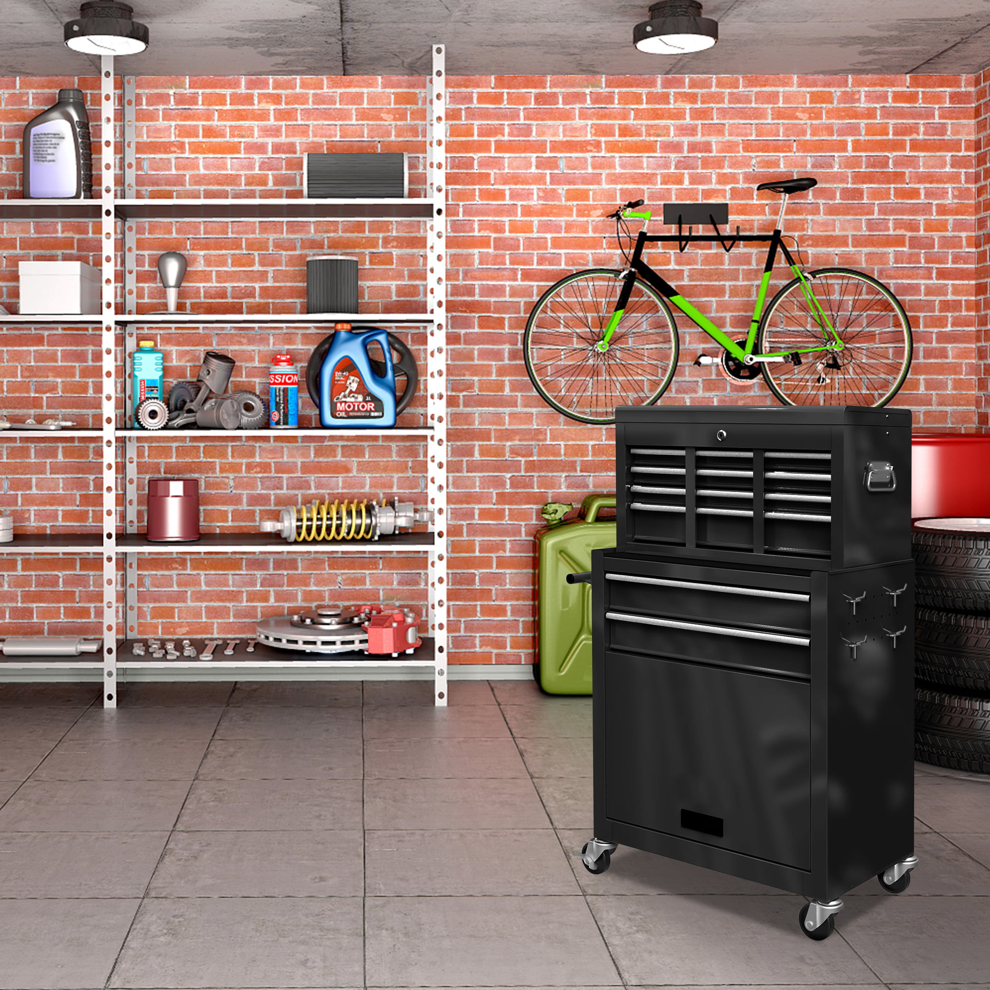 Seizeen Caja de herramientas y gabinete 2 en 1, organizador de caja de herramientas con ruedas de 8 cajones de gran capacidad, con ruedas, con cerradura, negro ----- Guantes