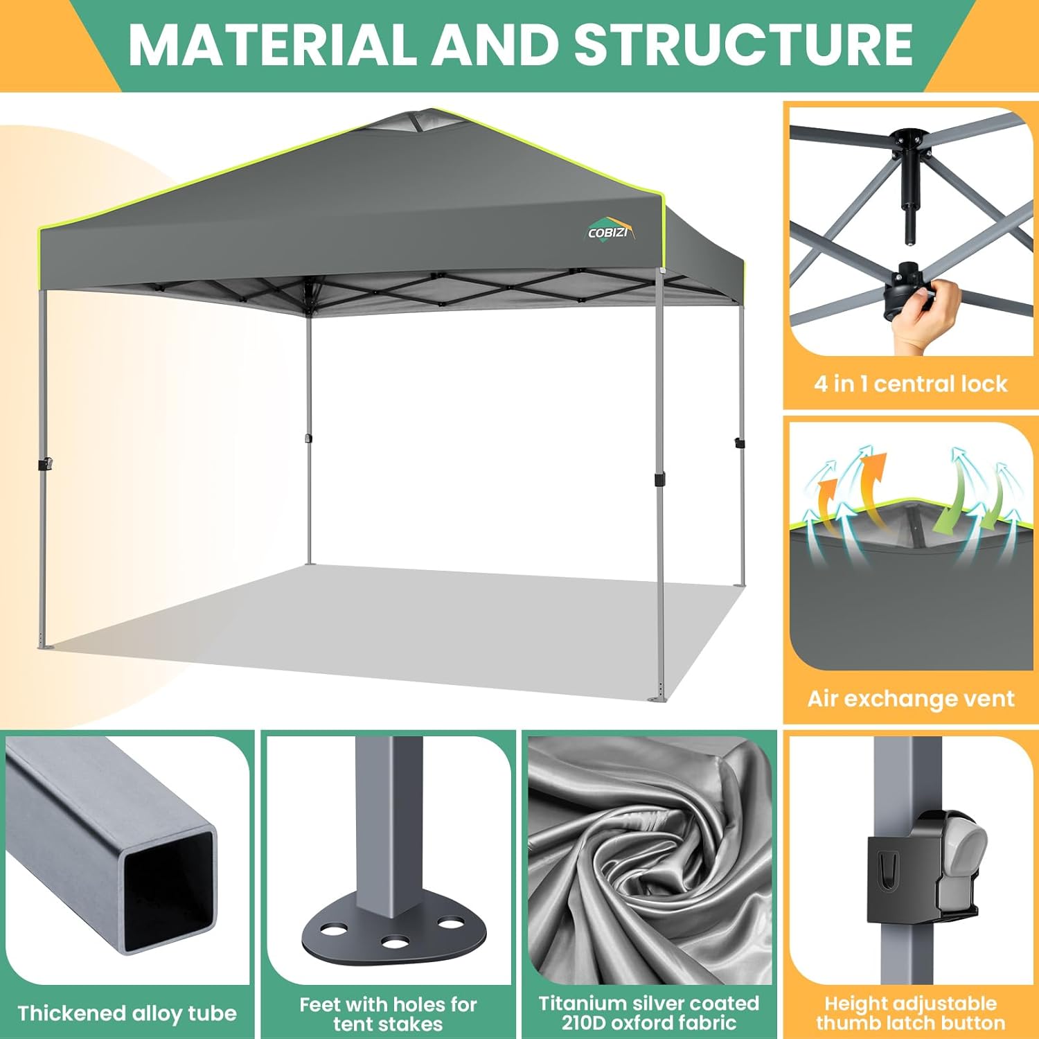 COBIZI - Tienda de campaña desplegable de 10 x 20 Pulgadas, Tienda de campaña instantánea Comercial para Bodas, Fiestas con 3 Altura Ajustable, toldo Ez Up para Exteriores, Impermeable, UPF50+ con