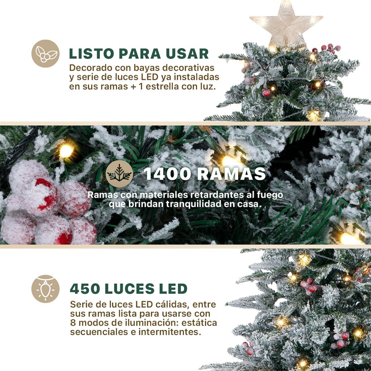 ESQUIMAL Árbol de Navidad Nevado con Luces LED 8 Modos de Iluminación + Estrella + Piñas + Bayas Rojas (1.80 m)