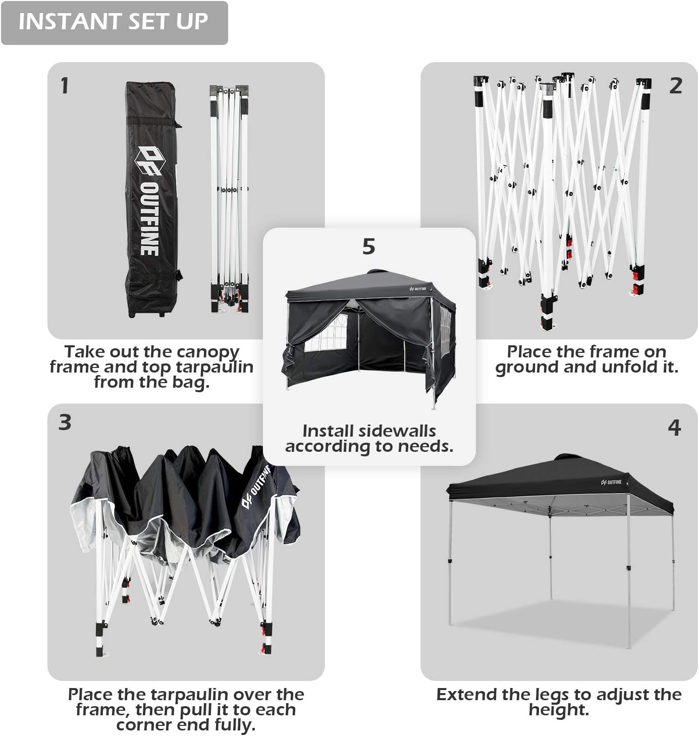OUTFINE - Toldo desplegable de 10 x 10 pies, para cenador instantáneo, totalmente impermeable, toldos para fiestas al aire última intervensión con 4 paredes laterales extraíbles, estacas x 8, cuerdas x 4 (negro, 10 x 10 pies)