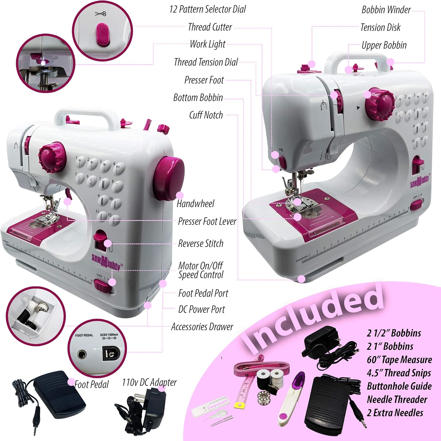 Sew Mighty Mini máquina de coser portátil y kit de costura – 12 patrones de costura preprogramados – Funciona con pilas y CA, doble velocidad, cose hacia adelante y hacia atrás, alimentación de CA y CC – Incluye pedal de pie