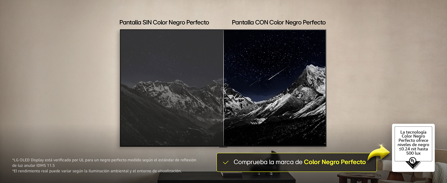 An LG OLED TV shows a dark sky with stars. One side is dull and gray, the other shows Perfect Black