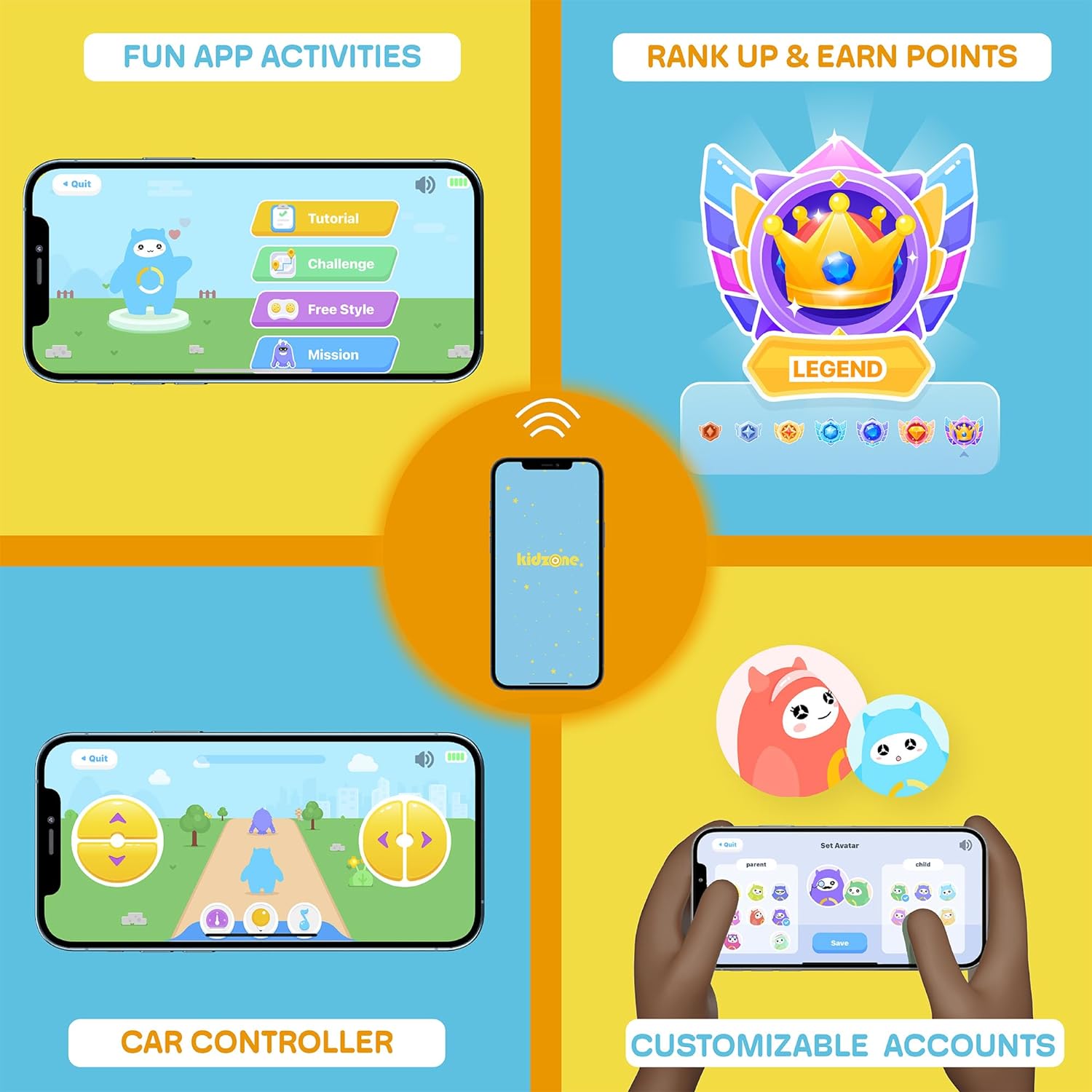 Kidzone Coche de parachoques inteligente para niños pequeños y niños, 12 V, 2 velocidades, juguete eléctrico para chocar, regalos con control remoto, control de aplicación, luces LED, Bluetooth, giro de 360° y pegatina de bricolaje, certificado ASTM