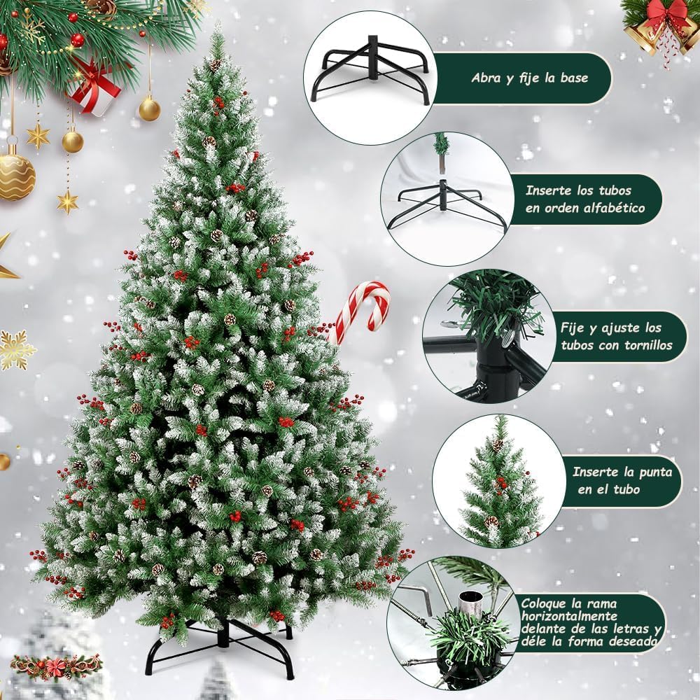 Árbol de Navidad (1.8 M), Árbol de Navidad Artificial, Bayas Rojas y Piñones, Efecto Nevado, Decoración Navideña para Interior y Exterior, Regalo de Navidad
