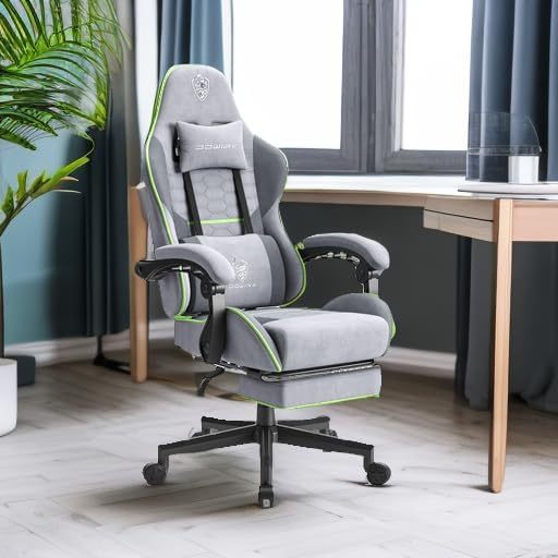 Dowinx - Silla de Juego de Tela con cojín de Resorte de Bolsillo, Silla de Juego de Masaje con reposacabezas, Silla ergonómica de computadora con reposapiés de 300 Libras, Negro y Gris