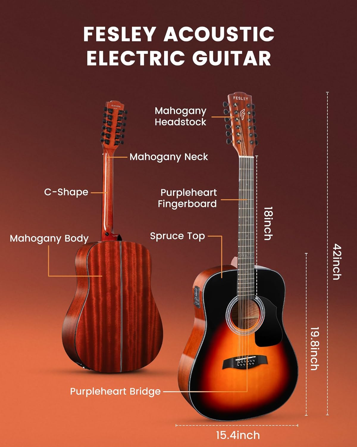 Fesley Guitarra de 12 cuerdas, guitarras eléctricas acústicas de tamaño completo para adultos, guitarra de abeto superior acústica, paquete de guitarra recortada con bolsa de concierto, púas, cuerdas, correa, natural