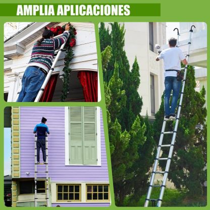 Bowoshen Escalera Telescópica de 5 Metros con Ganchos Escalera Recta de Aluminio Soporta 150 kg Plegable De Retracción Multiusos Extensible Compacta y Portátil Bloqueo De Escalón