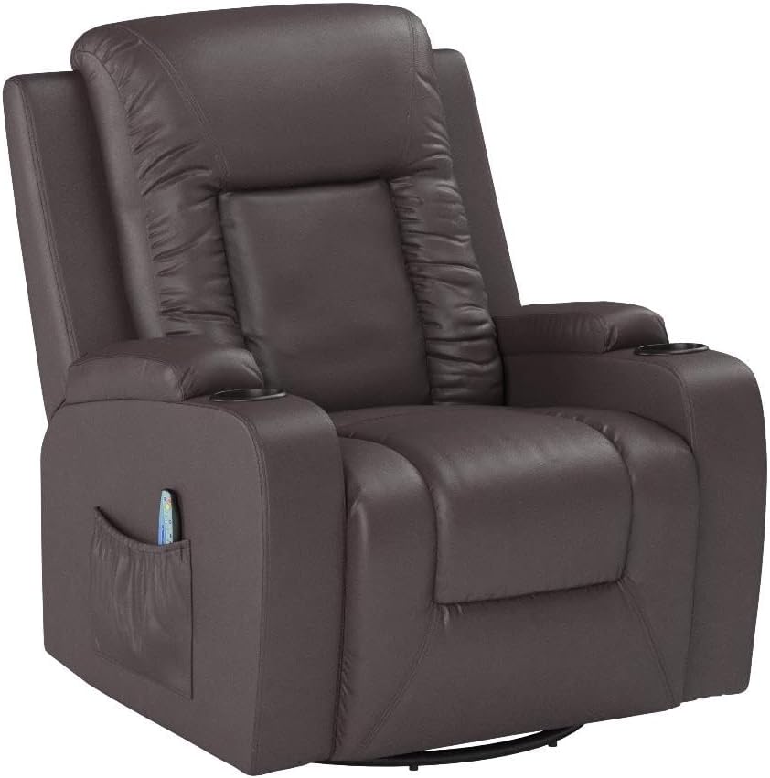 COMHOMA - Silla reclinable giratoria, mecedora de poliuretano para adultos, con masaje y calor, portavasos, bolsillos laterales, para sala de estar y recámara