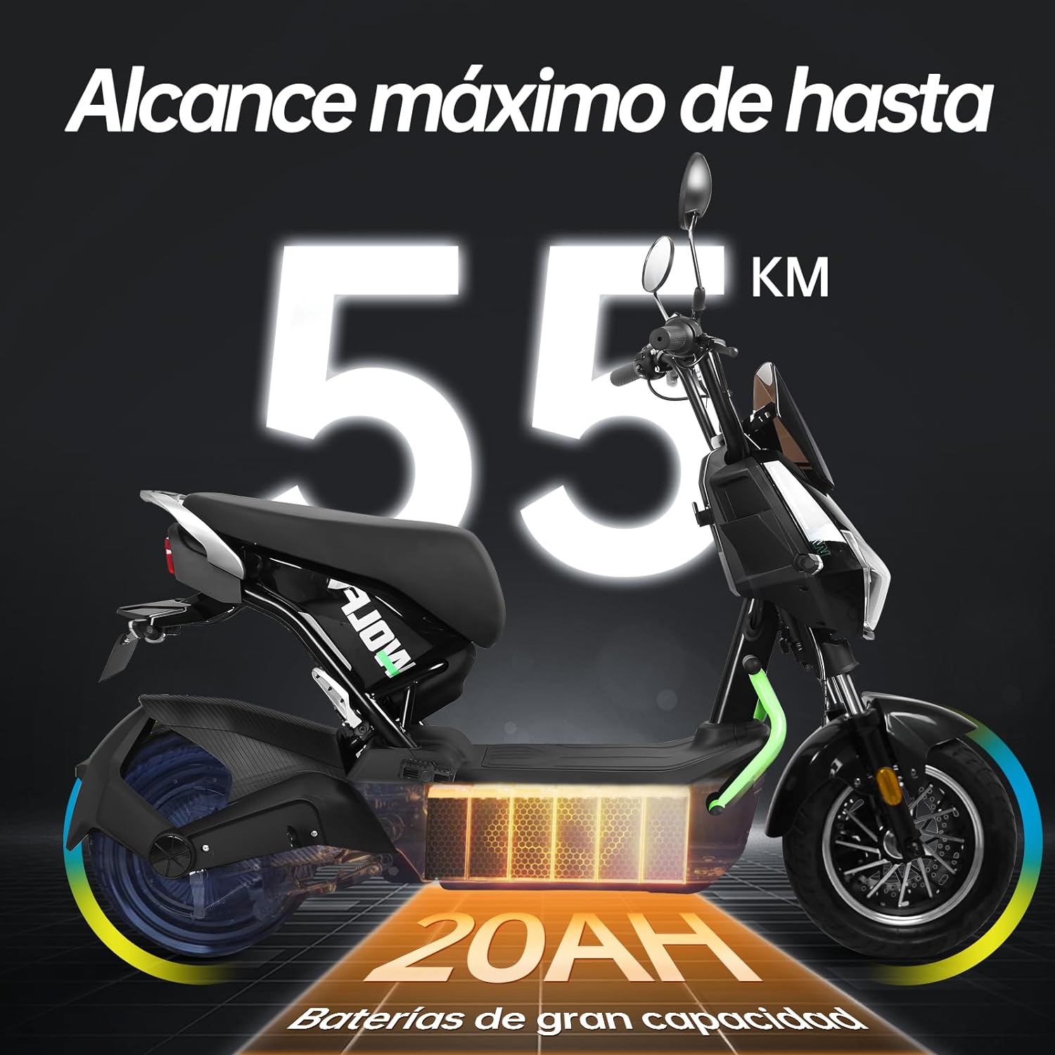 HONEYWHALE ZL-Wolf Bicicleta Electrica para Adultos, Bicimoto Eléctrica con Alarma, Máxima del Motor 1200W, Velocidad Máxima 55KM/H, Autonomía 50-55KM, Batería (72V, 20AH), Emite 7 Colores de luz