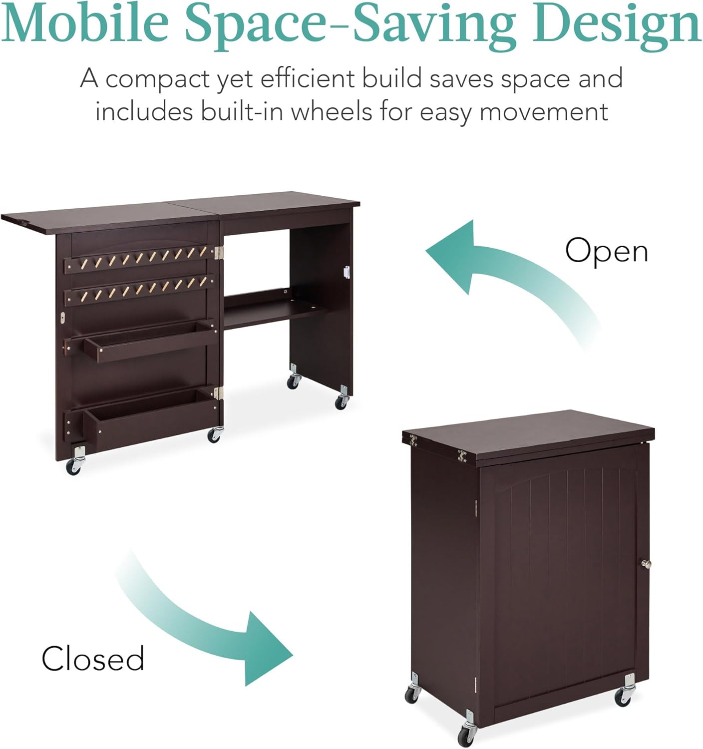 Best Choice Products - Mesa de coser plegable multiusos, estación de manualidades, diseño compacto, ruedas, estantes, almacenamiento, clavijas, puertas magnéticas, pomos de puerta de metal, blanca