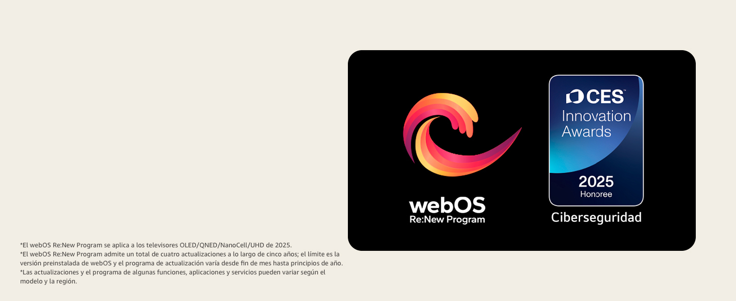 webOS Re:New Program logo and name with the CES Innovation Awards 2025 Honoree badge near it