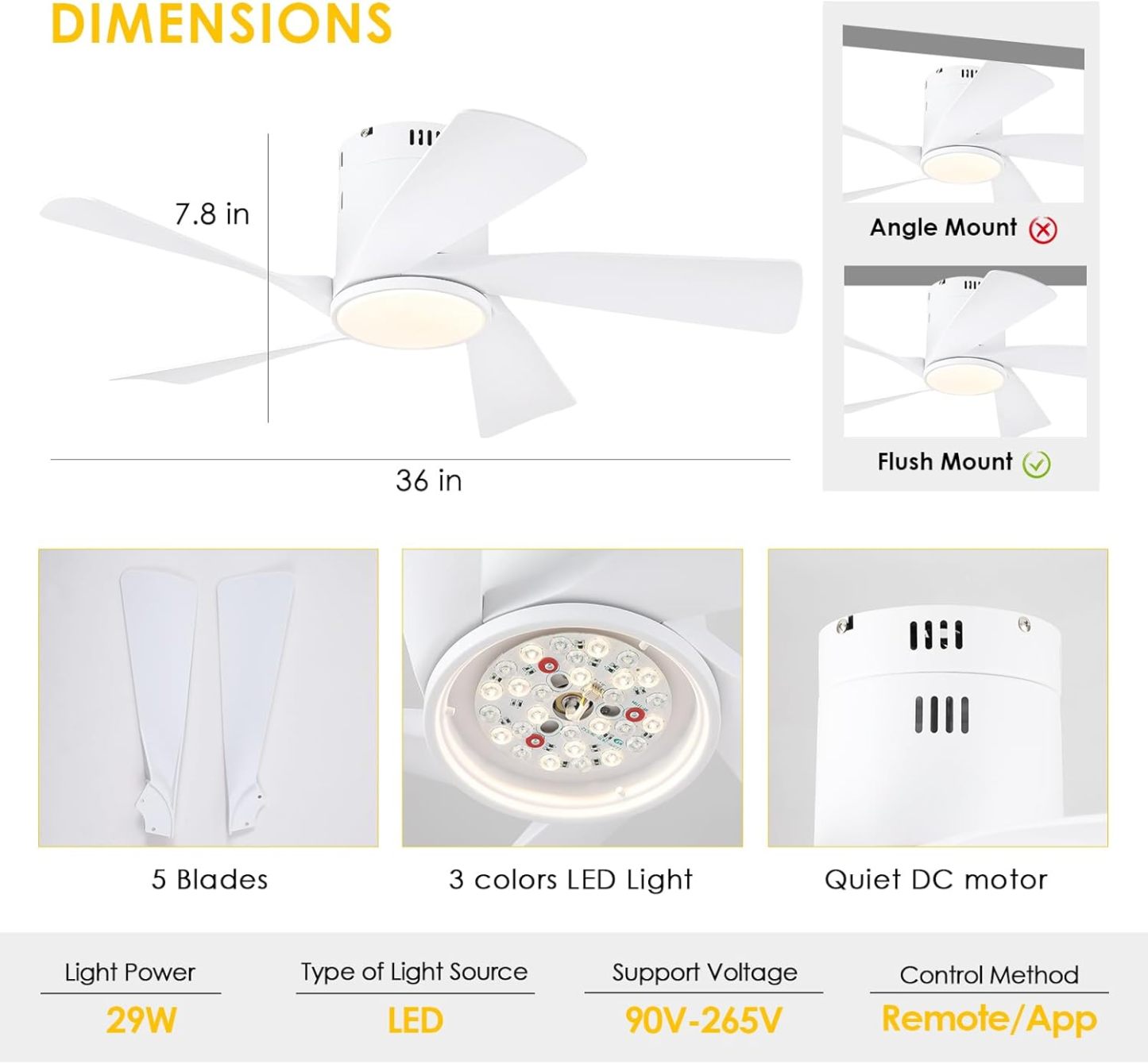 CHESUR - Ventiladores de techo negros con luces – Ventilador de techo de perfil bajo de montaje empotrado de 36 pulgadas con mando a distancia/aplicación, regulable y 3CCT, reversible, moderno